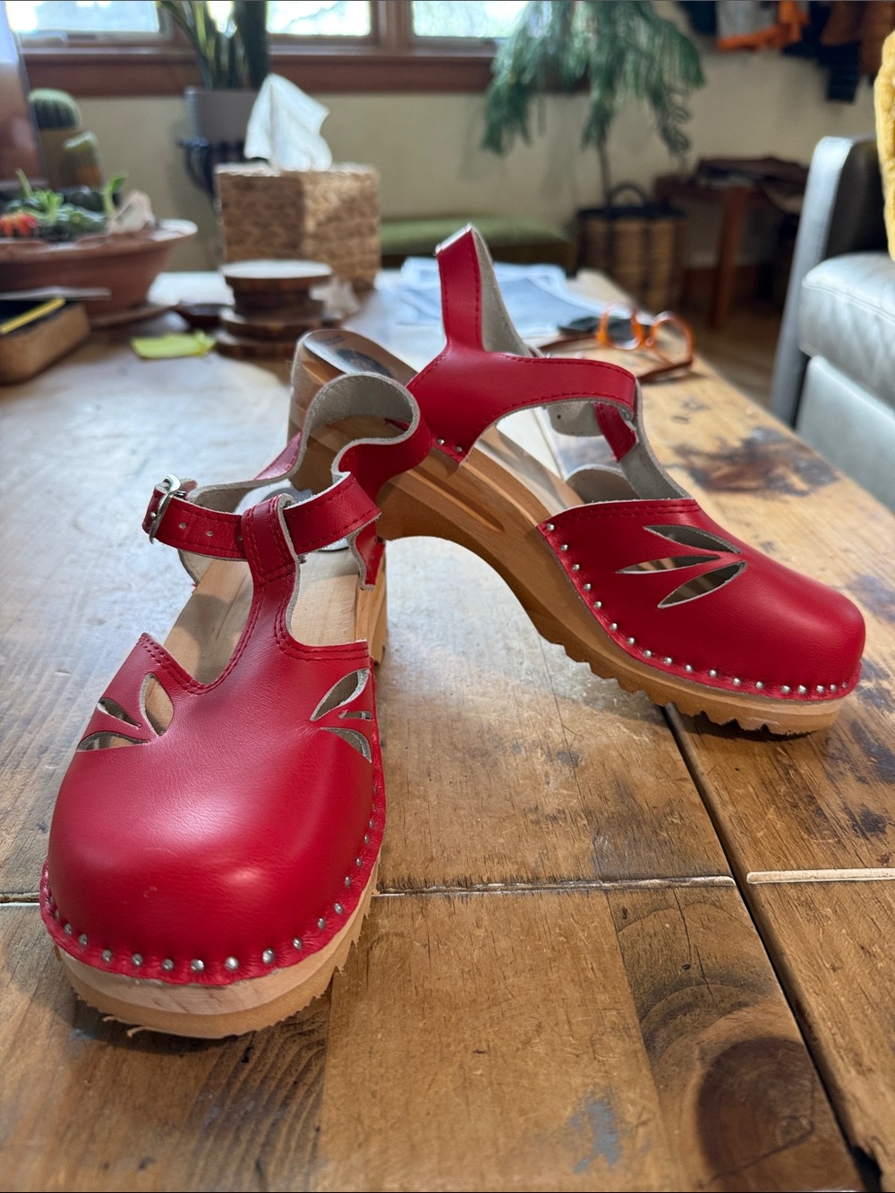 Troentorp Red Leather Mary Jane Clogs | Lacy Cutout T-Strap Size 39 NWOT